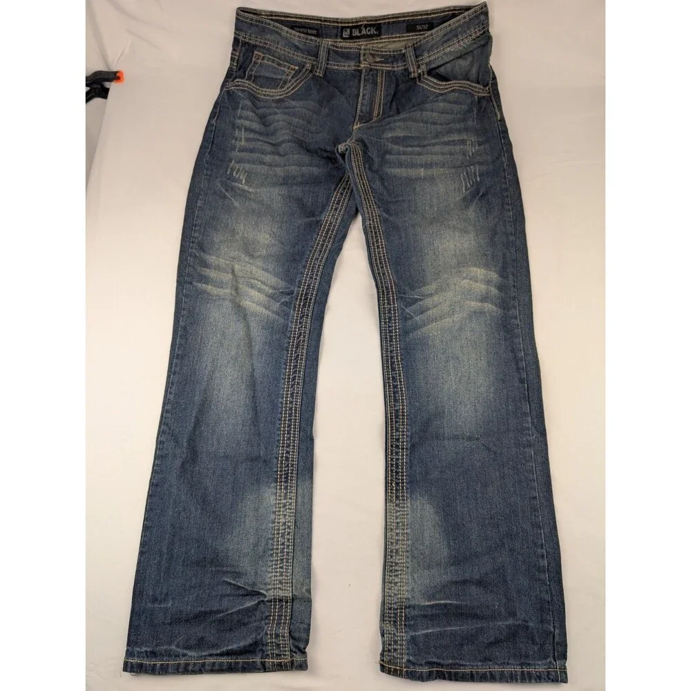 Men's 34x32 Buckle Black Jeans Bootcut Dark Wash Stretch Premium Denim Pants